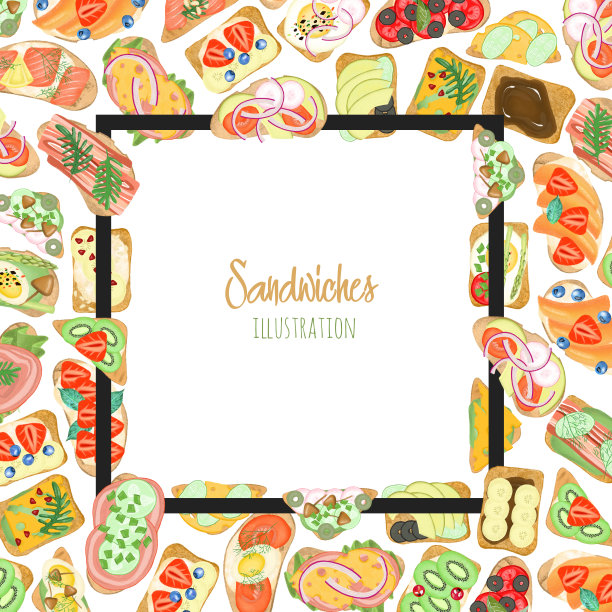 夹有不同配料的三明治，手绘在白色背景上图片下载