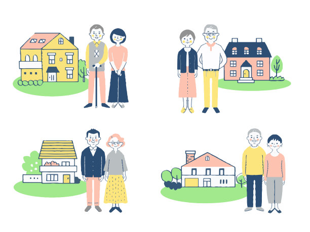 4对老年夫妇站在房子前面图片下载