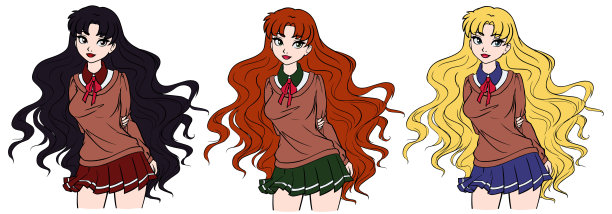 可爱的卡通学校女孩设置。卷发，大眼睛。不同的颜色。手绘矢量插图。图片下载