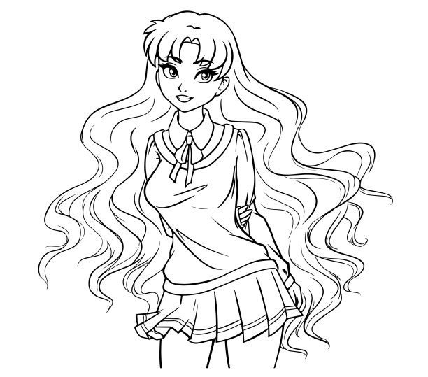 可爱的卡通女学生卷头发和大眼睛。手绘矢量插图。儿童涂色书的等高线艺术。图片下载