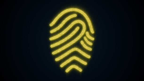 闪光粒子的指纹。计算机生成的背景。在数字屏幕上扫描指纹的三维概念渲染图片下载
