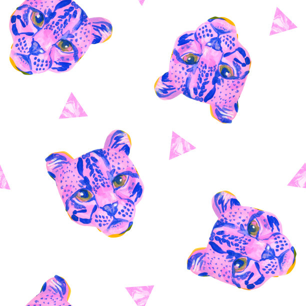 创造性的水彩野猫(豹猫)口吻在白色的背景。珍稀野生动物无缝图案图片下载