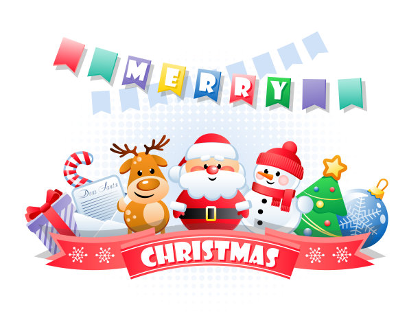 圣诞快乐。带有可爱卡通人物和节日元素的贺卡图片下载
