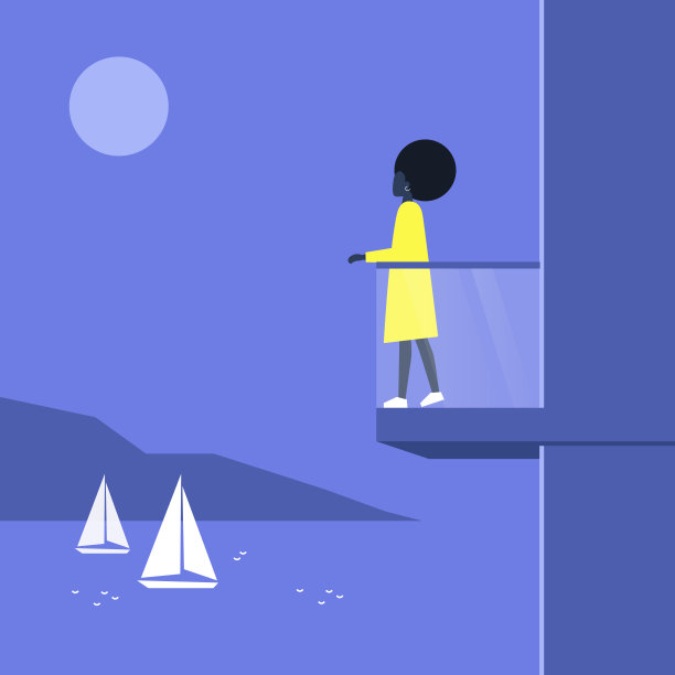 年轻的黑人女性人物站在阳台上望着海景，豪华公寓，房地产图片下载