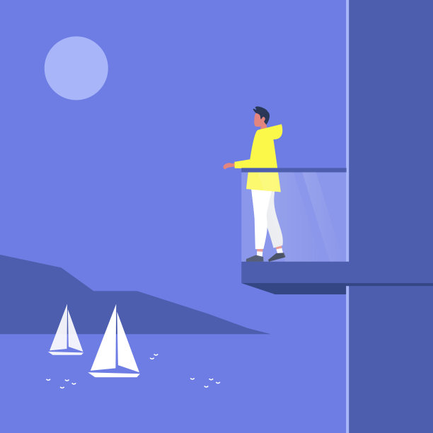 男主角站在阳台上望着海景，豪华公寓，房地产图片下载