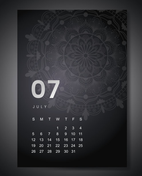 2020年7月月历与美丽的曼荼罗设计。圆形图案装饰假日活动策划人图片下载