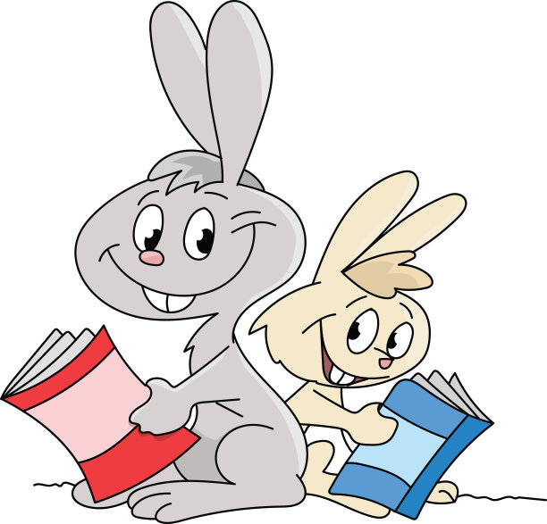 卡通兔子背靠背看书矢量插图图片下载