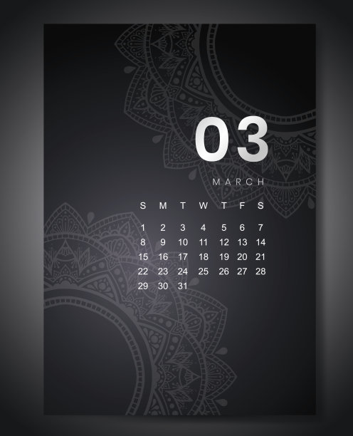 2020年3月月历与美丽的曼荼罗设计。圆形图案装饰假日活动策划人图片下载