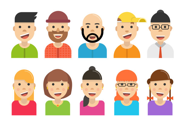 《阿凡达》设置图标。平的卡通风格。矢量插图。图片下载