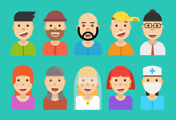 《阿凡达》设置图标。平的卡通风格。矢量插图。图片下载