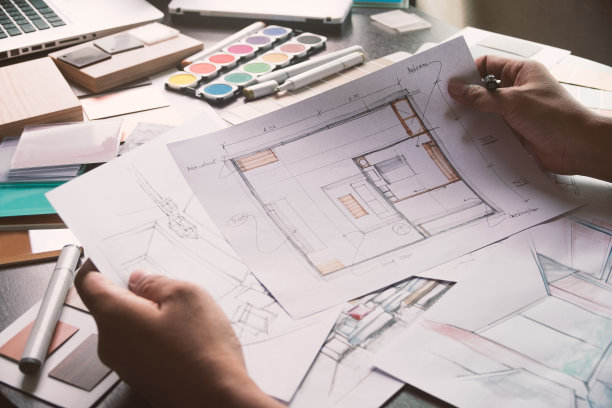 建筑师设计师室内创意工作手绘草图计划蓝图选择材料颜色样品艺术工具设计工作室图片下载