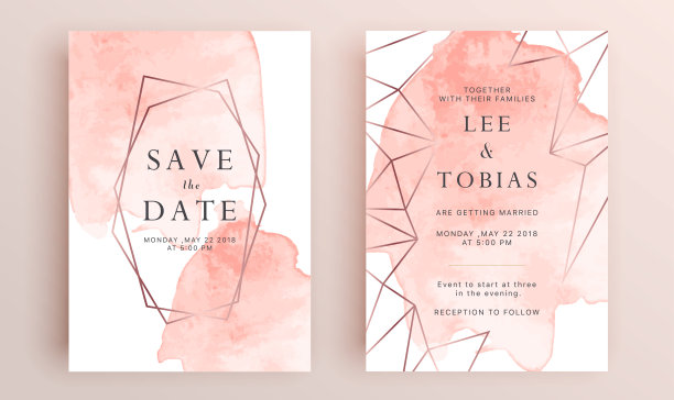 美丽的一套婚礼卡片模板。黄金几何多面体收藏，艺术装饰风格的婚礼请柬，豪华模板，装饰图案。图片下载