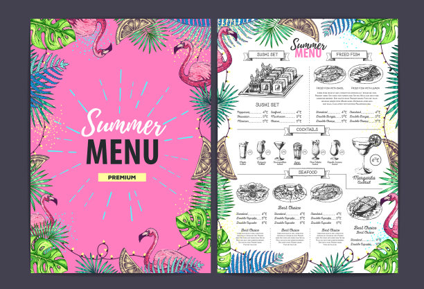 手绘夏季菜单设计与火烈鸟和热带树叶。餐厅的菜单图片下载
