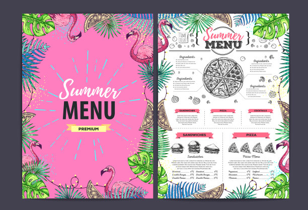 手绘夏季菜单设计与火烈鸟和热带树叶。餐厅的菜单图片下载