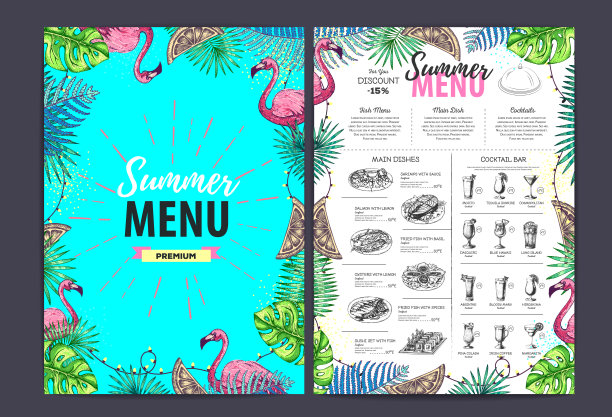 手绘夏季菜单设计与火烈鸟和热带树叶。餐厅的菜单图片下载