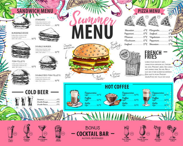手绘夏季菜单设计与火烈鸟和热带树叶。餐厅的菜单图片下载