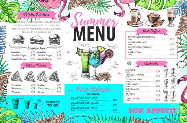 手绘夏季菜单设计与火烈鸟和热带树叶。餐厅的菜单图片下载