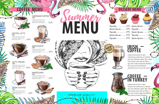 手绘夏季菜单设计与火烈鸟和热带树叶。餐厅的菜单图片下载