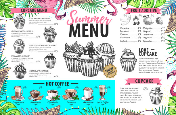 手绘夏季菜单设计与火烈鸟和热带树叶。餐厅的菜单图片下载