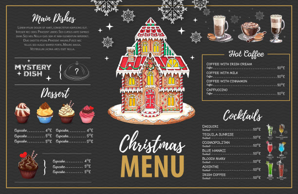 圣诞菜单设计与甜姜饼屋和圣诞装饰图片下载