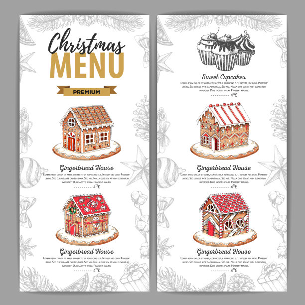 圣诞菜单设计与甜姜饼屋和圣诞装饰图片下载