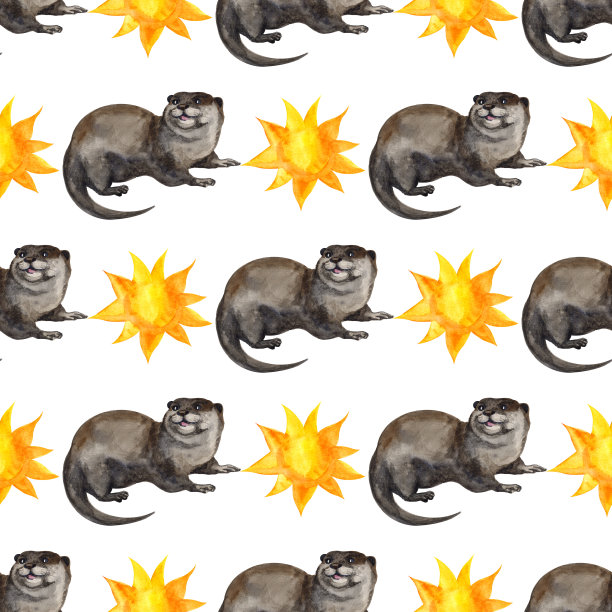 水彩无缝图案与水獭手绘装饰背景。印刷纺织品，布料，墙纸，剪贴簿图片下载