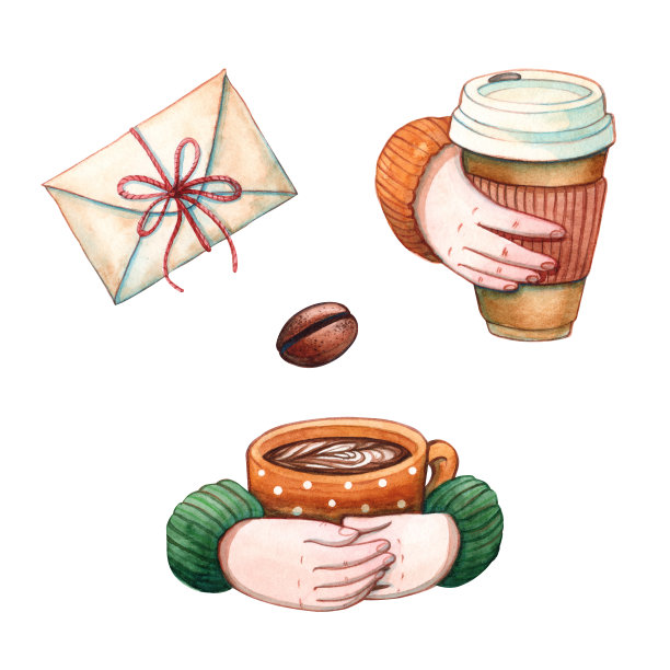 剪贴艺术水彩插图秋天套信，手与杯外卖咖啡和拿铁在马克杯与圆点图案孤立在白色。季节，复古和精品艺术图片下载