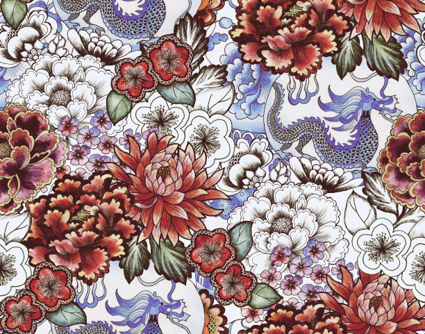 亚洲无缝图案有日本鲤鱼、中国樱花、东方扇日本花灯。用亚洲传统符号绘制水彩插图图片下载