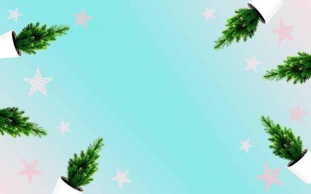 圣诞树与粉红色的星星在浅蓝色的背景。艺术品最小插图粉彩设计新年，圣诞节或特别的日子和文字空间。图片下载