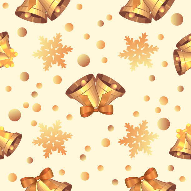 圣诞金铃、小鸟、松木、蝴蝶结、米黄色背景上的雪花图案、节日壁纸、纹理、装饰品图片下载