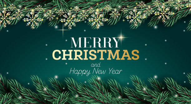 贺卡与冷杉枝，霓虹灯，金色花环与雪花在绿色的背景。图片下载