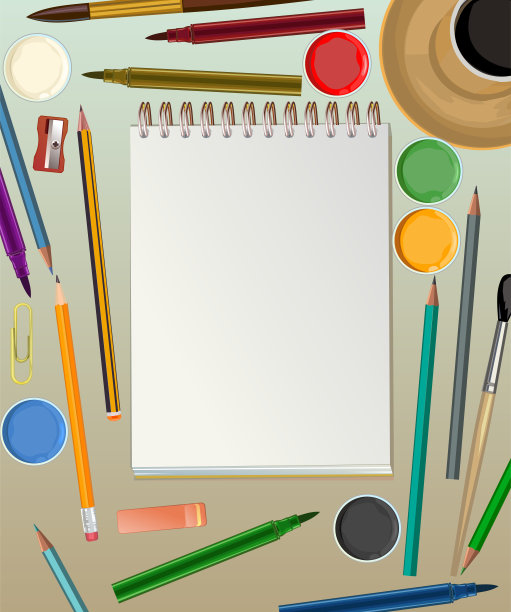 艺术家的桌子上。向量。艺术家的工作空间。从以上观点。适用于横幅、网页、海报、印刷。刷、铅笔、颜料。文本。孤立。图片下载