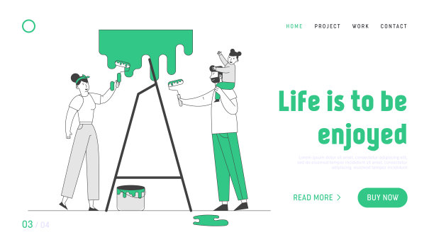 年轻的家庭在家庭网站登陆页做修理。爸爸、妈妈和小女儿用油漆滚筒给墙壁上色。房屋装修网页横幅。卡通平面矢量插图，线条艺术图片下载