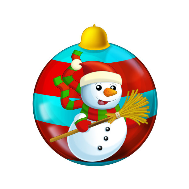 卡通场景与光滑闪亮的圣诞装饰物在白色背景与雪人图片下载