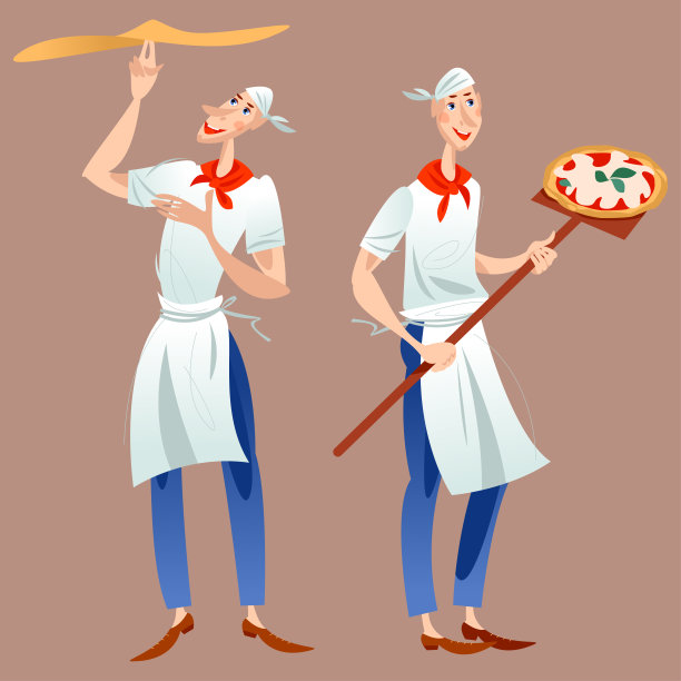 披萨师傅。两个男人在准备披萨。Pizzaiolo准备披萨面团。面包师用长铲子拿着披萨。图片下载