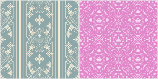的背景、模式。两张复古风格的现代背景图片。无缝向量背景。组模式。图片中的颜色:粉色，白色。向量图片下载