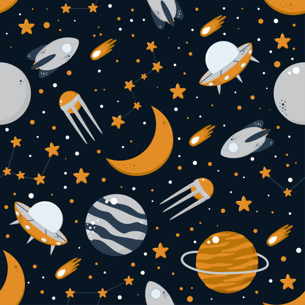 无缝模式与行星火箭月球矢量插图，eps图片下载