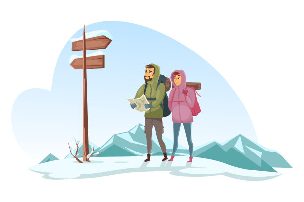 冬季旅行者在看地图和路标图片下载
