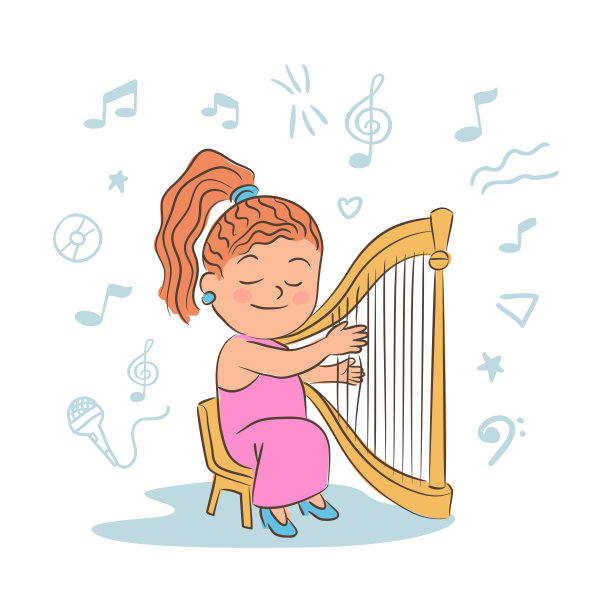 女孩弹奏竖琴卡通矢量插图图片下载
