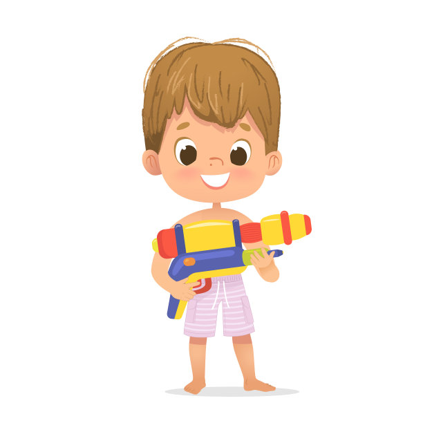 微笑可爱的棕色头发婴儿男孩与一个玩具水枪摆姿势。泳池派对角色与玩具枪。沙滩男孩性格孤僻。图片下载