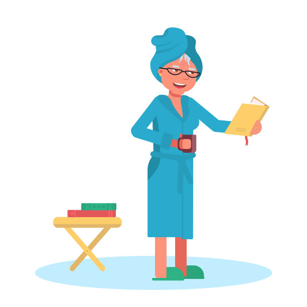 卡通老奶奶在家里洗澡后看书图片下载