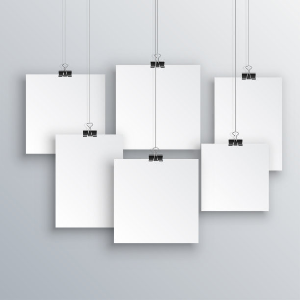 空白海报上挂着阴影。在活页夹上挂白纸。A4纸页，模型，纸在墙上-向量图片下载