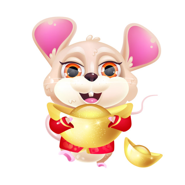 可爱的鼠标卡哇伊卡通矢量人物。可爱有趣的十二生肖动物贴有金条隔离贴纸、贴片。东方农历新年。白色背景下的动漫小老鼠表情图片下载