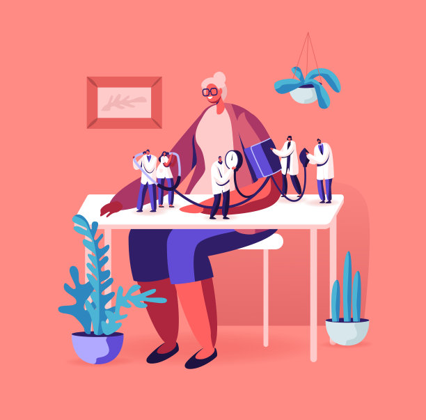 小医生人物在年长妇女坐在桌子旁用血压计测量动脉血压。高血压或低血压疾病，健康保健检查。卡通平面矢量插图图片下载