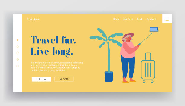 老妇人在智能手机网站登陆页上自拍。老妇人在国外旅行中挽救甜蜜的生命时刻。高级游客出国旅游网页横幅。卡通平面矢量插图图片下载