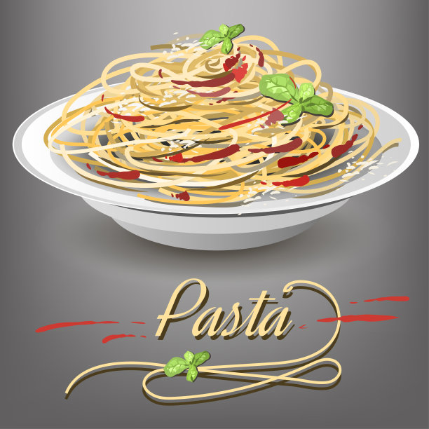 盘子里的意大利面，在灰色的背景上有番茄酱、奶酪和罗勒。图片下载