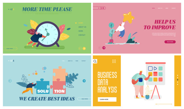 业务解决方案，数据分析，时间管理，反馈服务网站登陆页面设置。董事会介绍巨大的闹钟评级星星拼图网页横幅。卡通平面矢量插图图片下载