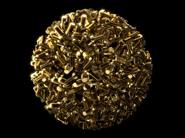 球形的金色螺丝组装在黑色背景与景深图片下载