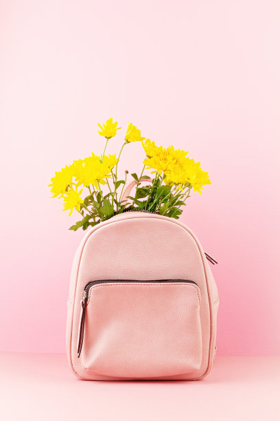 漂亮的女孩用花包着。都市女性时尚，购物，礼品创意，春夏款式图片下载