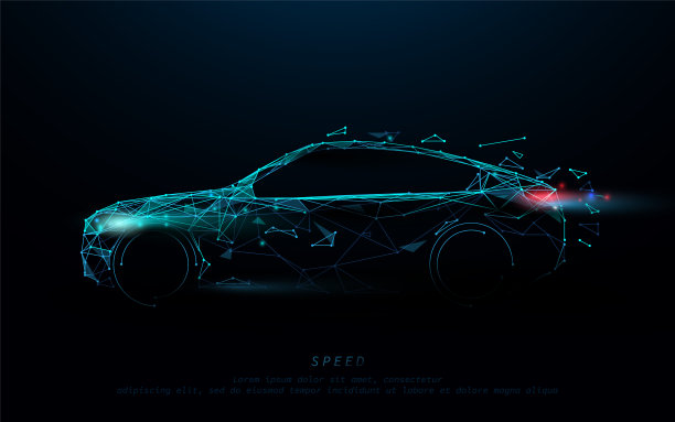 抽象的未来高速跑车。汽车标志形式有线条、三角形和粒子风格设计。说明向量图片下载